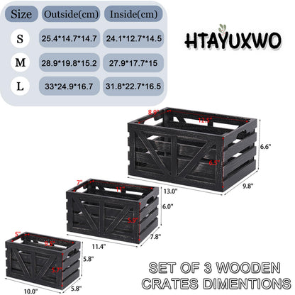 HTAYUXWO Storage Crates Nesting Wooden Boxes 3 Pack,Wood Storage Crates with Handles,Rustic Farmhouse Crates,Wooden Storage Container for Display