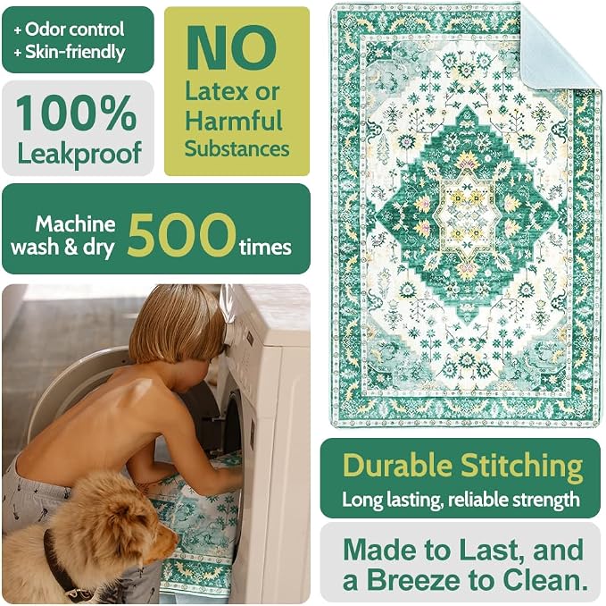 Washable Pee Pads for Dogs, 2 Pack Reusable Puppy Training Pads 48"x48" Super Absorbent Waterproof Dog Training Pads, Non-Slip Potty Pads, Whelping Pads Litter Mat Green Medallion