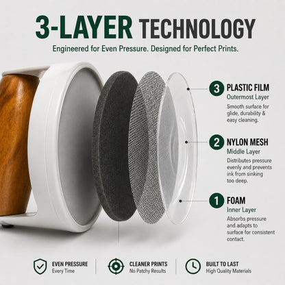 Leoball® Block/Gel Printing Baren– with 3 Layer Tech: Soft Foam Layer Covered in Smooth Nitex Nylon Along with Smooth-Glide Plastic Film. Features Comfortable Wooden Handle. Pro Baren - 4 inches