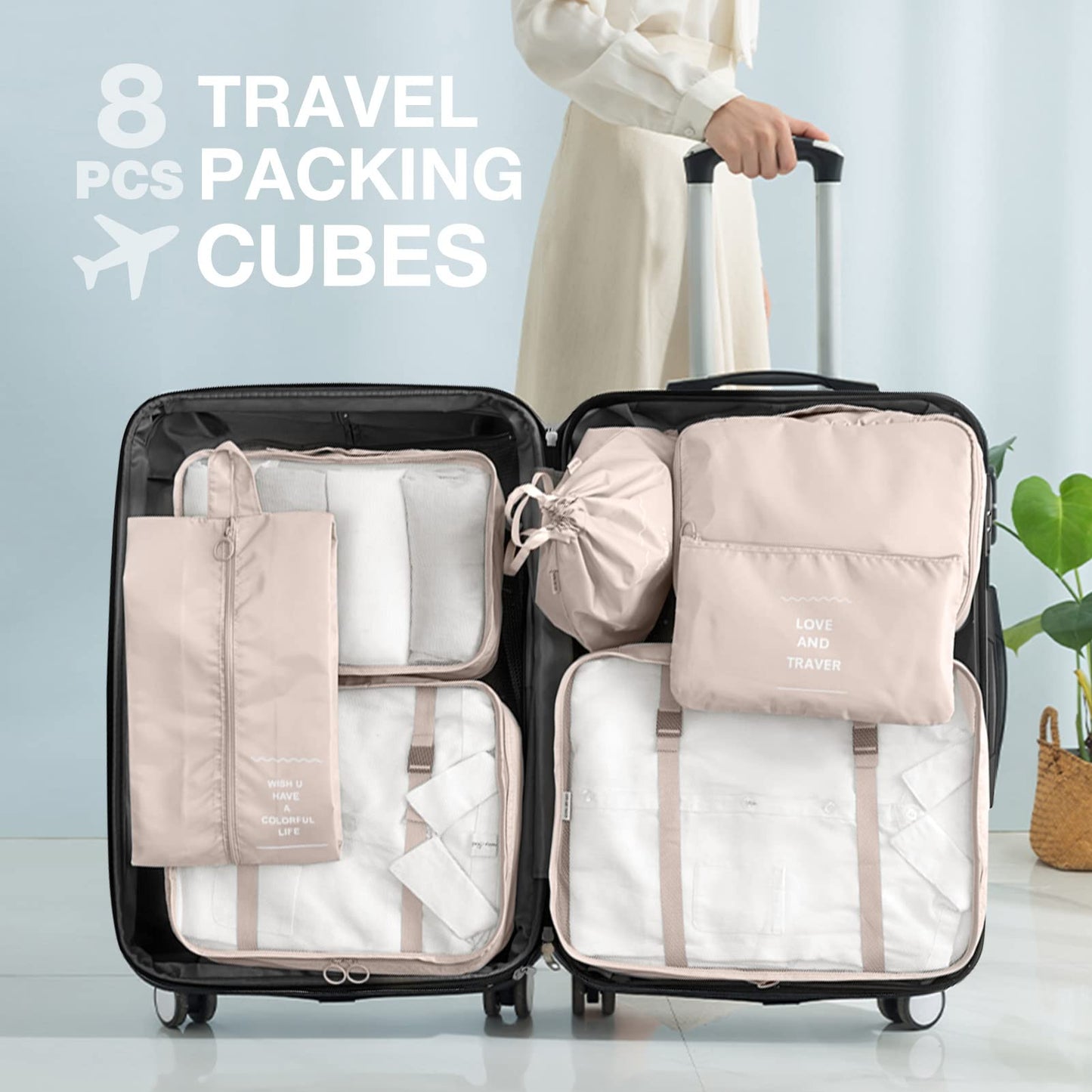 8 Set Packing Cubes for Suitcases, Packing Cube for Shoes, Cosmetics, Clothing and Accessories, Packing Cubes for Travel Luggage Organizer Women Men(Beige)