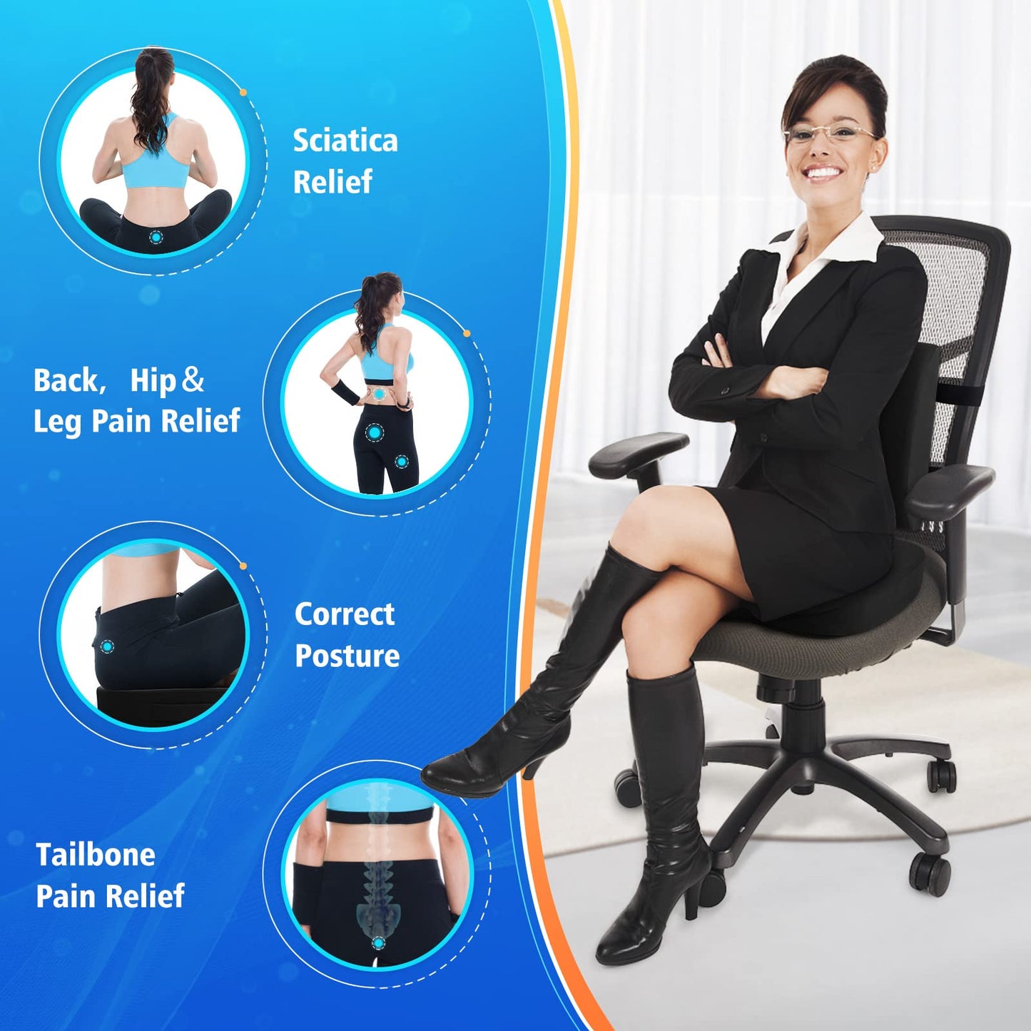 CushZone Seat Cushion, Lumbar Support Pillow with Adjustable Strap-Chair Cushions for Sciatica Pain Relief-with Washable Cover Memory Foam for Car, Travel and Wheelchair-Black