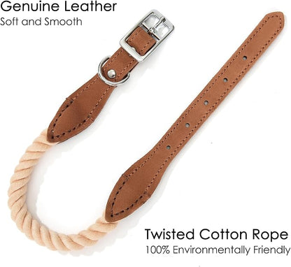 Mile High Life Genuine Leather Dog Collar, Durable Braided Cotton Rope Collar with Metal Pin Buckle for Small Medium Large Dogs (Light Brown, M Neck 15"-18")