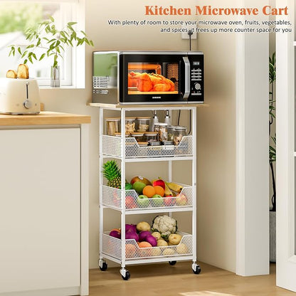 ThreeHio Rolling Kitchen Microwave Cart with Fruit Baskets, 4 Tier Microwave Table Stand with Storage, Kitchen Storge Shelf on Wheels Small Rolling Cart Organizer Rack for Pantry, Living Room