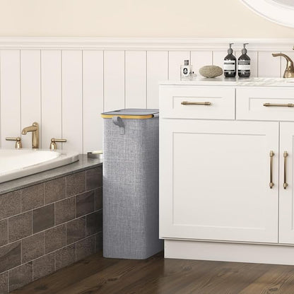 Lifewit 75L Slim Laundry Hamper with Lid, Narrow Laundry Basket with Removable Bag & Bamboo Handles, Fodable Thin Dirty Clothes Hamper for Laundry Collapsible Bin for Bathroom Bedroom Dorm, Gray
