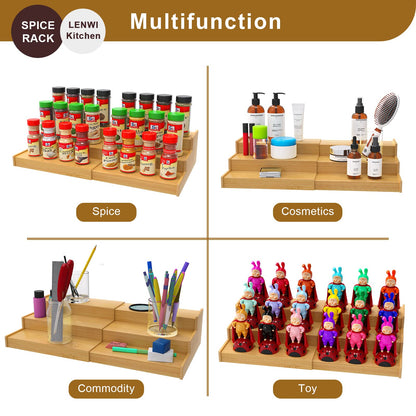 Lenwi Spice Rack Organizer for Cabinet, 3 Tier Expandable Bamboo Spice Storage for Kitchen Cupboard Pantry