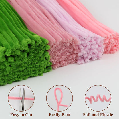 CHRORINE 320 Pcs Pipe Cleaners Bulk Pipe Cleaner Flower Kit Craft Supplies Soft and Flexible Creative Suitable for Art DIY Packaging and Decoration- Green, Light Pink, Pink, Dark Pink