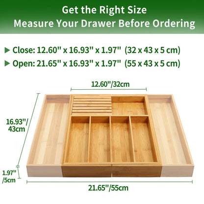 VaeFae Bamboo Silverware Drawer Organizer Kitchen, Expandable Utensil Organizer with Knife Block, Cutlery Tray with Divider, Multifunctional Drawer Organizer