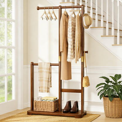 Wamhom Solid Wood Coat Rack, Freestanding Standing Clothes Rack with Double Hanging Rods for Coats, Jackets, Wooden Coat Tree Garment Rack for Bedroom Entryway Hallway, Space Saving Small Coat Rack