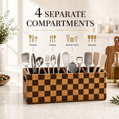 TKISZYZR Acacia Wood Kitchen Utensil Holder Organizer for Counter/Countertop Kitchen Gift, 4-Compartment Crock Caddy with Handle, Spoon Spatula Silverware Storage - Checkered Large