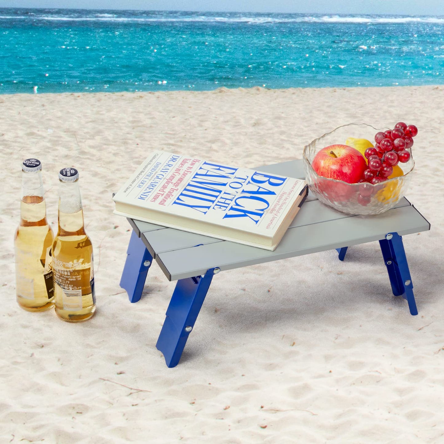 PORTAL Folding Mini Small Beach Table, Portable Aluminum Beach Table with Retractable Legs and Carry Bag for Outdoor Picnic/Cooking/Camp/Travel/Beach,15" L x 8" W x 6" H, Silver/Blue
