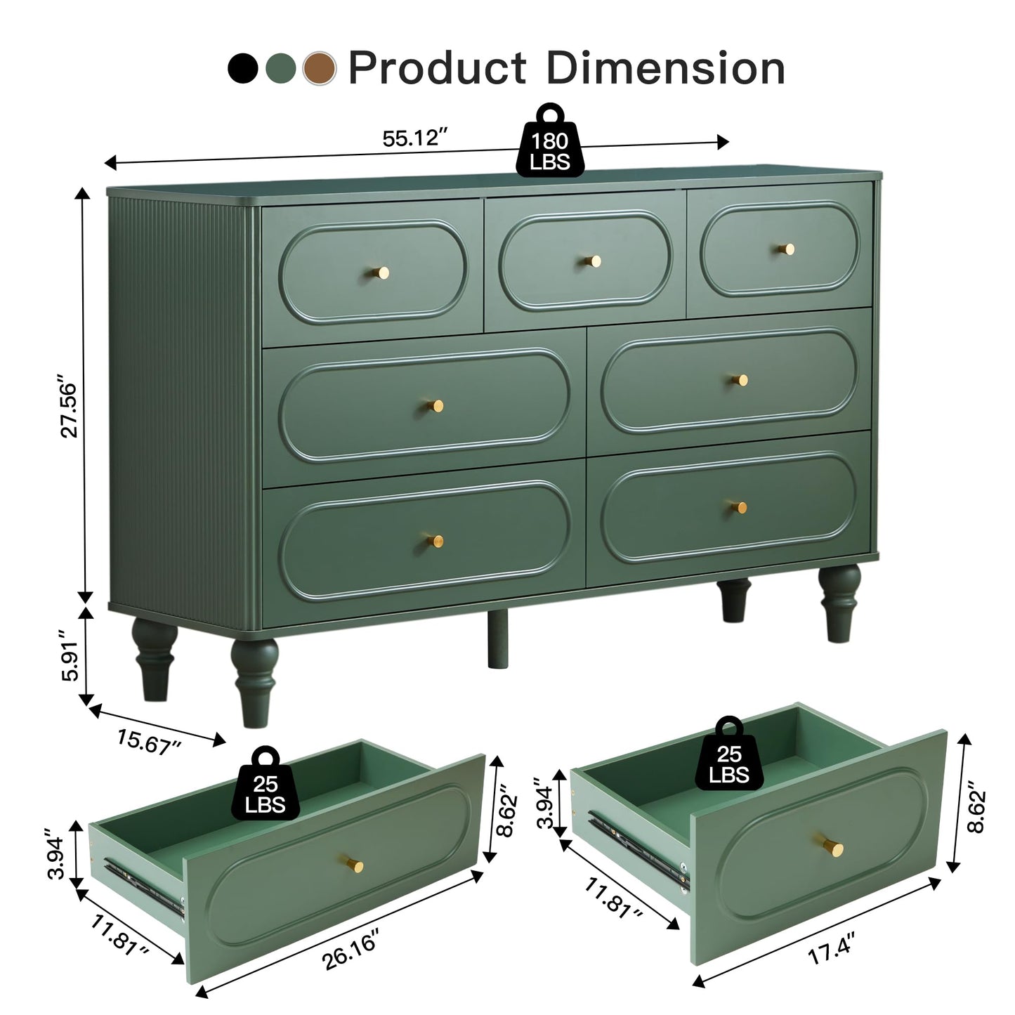 ORRD Fluted 7 Drawer Dresser for Bedroom, Mid Century Modern Chest of Drawers, Wood Storage Large Dresser Organizer for Bedroom Living Room Hallway Closet, Green