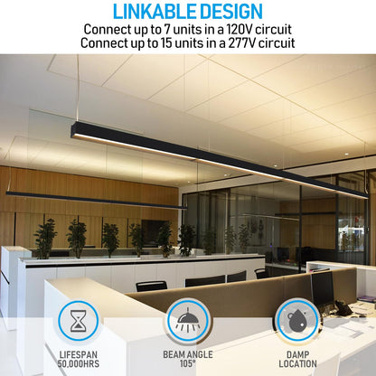 LEONLITE 4FT Linkable LED Linear Light, 3CCT 55W 3000K/4000K/5000K Selectable, UGR<19, ETL Listed Dimmable Architectural LED Suspension Office Lighting Fixture, Matte Black Aluminum Housing, Pack of 4
