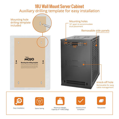 Tecmojo 18U Wall Mount Rack Network Cabinet for 19" IT Equipment,with Lockable Mesh Door and Side Panels,Cooling Fan,Black,17.7inch Depth for AV/Computer/Electronics Equipment Data Rack