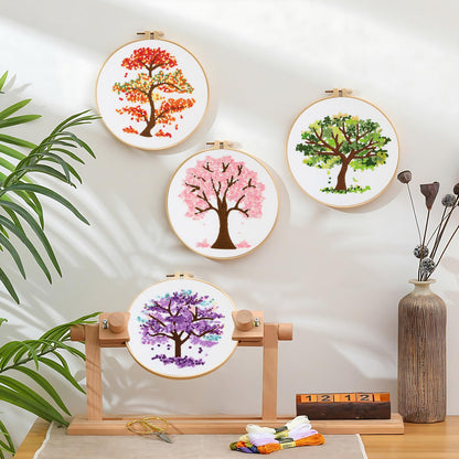 Sivilife Embroidery Starter Kit for Beginners, 4 Sets Stamped Cross Stitch Kits for Adult, Seasonal Tree Pattern Hand DIY Kits with 2 Embroidery Hoop Instructions Color Threads Needles and Scissor