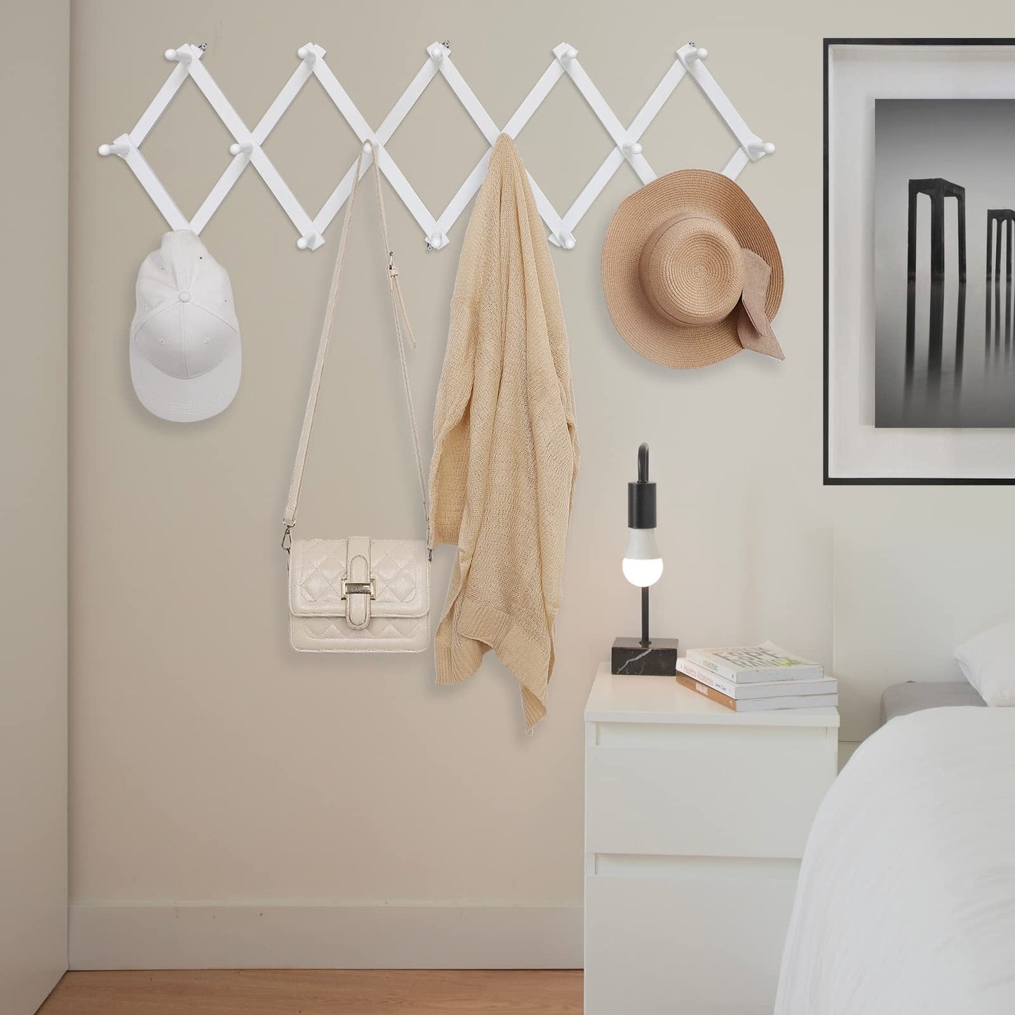 SCUNDA Accordion Wall Hanger with 16 Hooks, Wooden Coffee Mug Rack for Wall, Expandable Accordion Hook Rack Wall Mounted for Mug, Tea Cup, Purse,Coat, Hat, Cap(White)