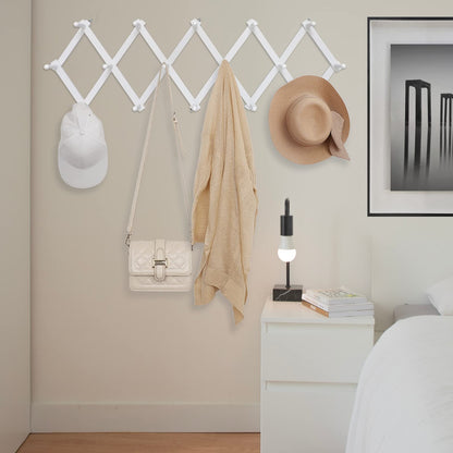 SCUNDA Accordion Wall Hanger with 16 Hooks, Wooden Coffee Mug Rack for Wall, Expandable Accordion Hook Rack Wall Mounted for Mug, Tea Cup, Purse,Coat, Hat, Cap(White)