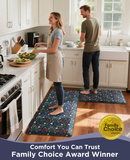 Ophanie Kitchen Mats for Floor, 3/4 inch Thick, 17x28 Anti Fatigue Cushioned Mat, Kitchen Rugs, Waterproof, Comfort Ergonomic Standing Mat for Office, Home, Sink, Blue Flower Non-Slip Ridged Bottom