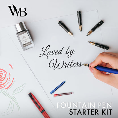 Wordsworth and Black Fountain Pen Set - Blue - Includes 2 Pens, 18 ML Ink Bottle, 60 Ink Cartridges, A Refill Converter, 1 Medium and 4 Broad Nibs, Brush Pen - Fountain Pen Kit for Beginners