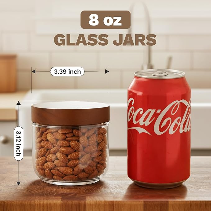 Bumobum 8 oz Glass Mason Jars with Lids, Small Glass Container with Acacia Wood Airtight Lid, Wide Mouth Canisters for Chia Pudding Loose Tea Coffee Salad Snacks Yogurt Spice, 4-Pack