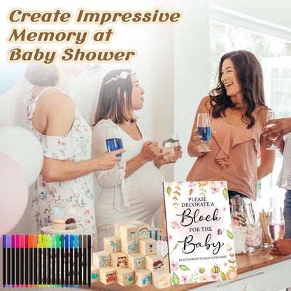 AryiHitt 97 Pcs Baby Shower Game Sign Set Includes Decorative Square Signs 56 DIY Blank Wooden Blocks 20 Paint Markers (Garden)