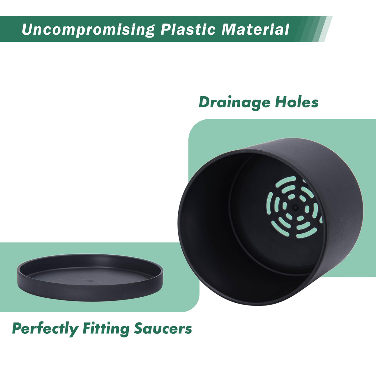 D'vine Dev 4 Pack 5.5 Inch Modern Plastic Plant Pots, Small Garden Planters for Plant with Drainage Holes and Saucers, Black Color, 74-Y-H-2