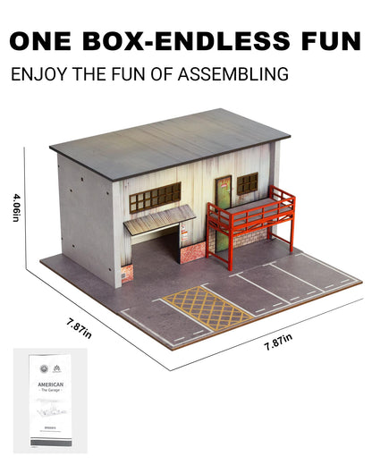 1/64 Scale Diecast Display Case, Wooden American Style Toy Car Garage Model with LED Light, 4-Parking Spaces Diorama Showcase for Hot Wheels and Matchbox Cars Storage