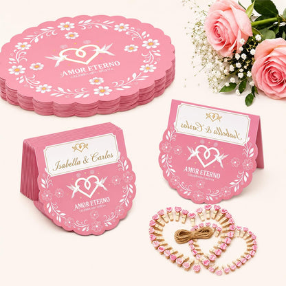 LPMingjia Cielito Lindo Mexican Fiesta Table Decor Kit, 150 Pcs Disposable Pink Scalloped Round Paper Placemats 50 Place Cards with Wooden Clips for Bridal Shower, Wedding, Cinco de Mayo