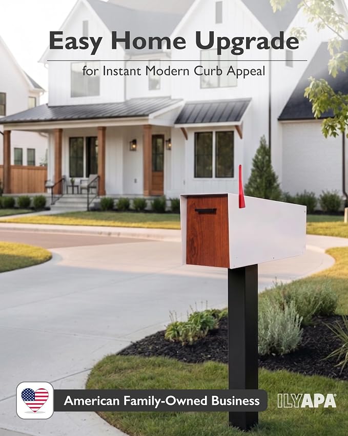 Ilyapa Modern Mailbox with Angle Design Post Mount - White Powder Coated Metal Mailbox with Wood Door - Waterproof for Parcels, Magnetic Close Door
