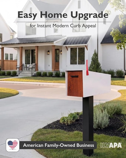 Ilyapa Modern Mailbox with Angle Design Post Mount - White Powder Coated Metal Mailbox with Wood Door - Waterproof for Parcels, Magnetic Close Door