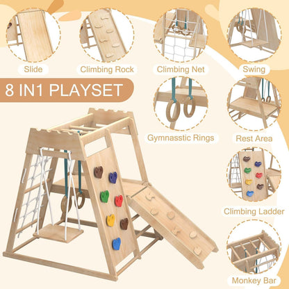 Yaofala 8-in-1 Indoor Playground, Indoor Jungle Gym for Toddlers, Kids Climbing Toys Indoor, Wooden Montessori Climber Playset with Swing, Slide, Monkey Bar, Wood Ladder, Climbing Net,Gymnastic Rings