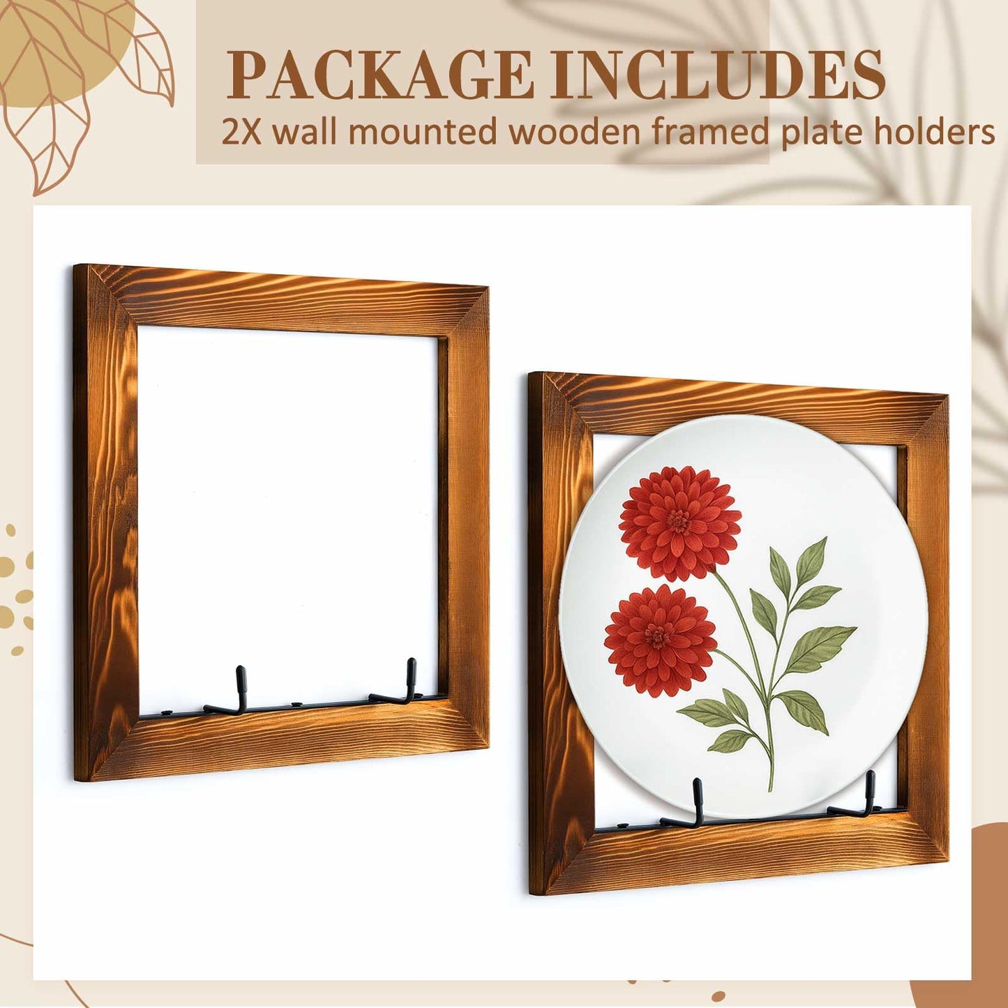 Yalikop 2 Set Plate Hangers, Wall Mounted Wooden Plate Display Holders, Rustic Burnt Solid Wood Frame with Black Metal Hooks for 8 to 11 Inch Plates, Platters & Dishes for Home & Kitchen Decoration
