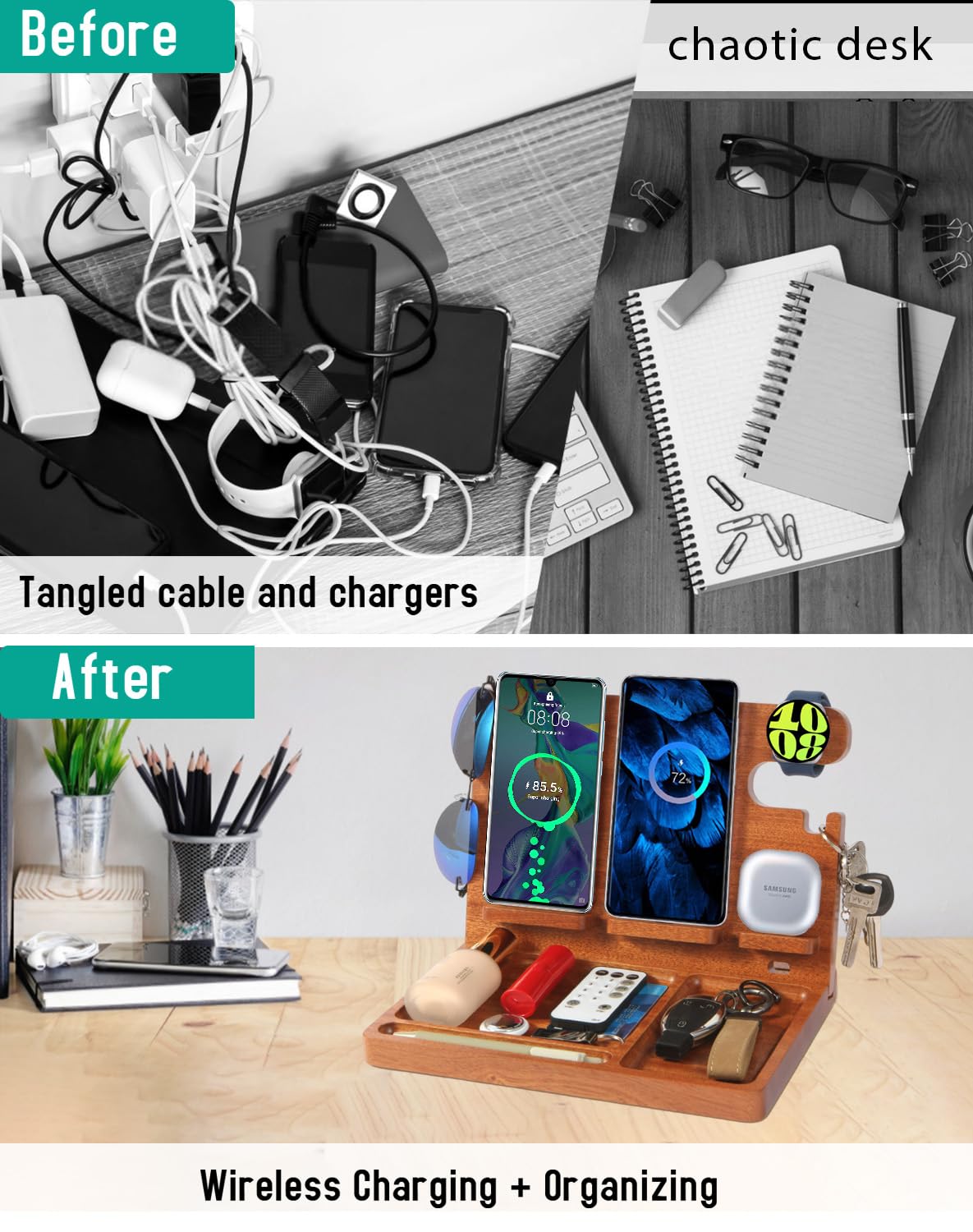 Desk Organizer with 4 Wireless Charging Station for Samsung Devices,27W Dual Wireless Charger Fast Charging for 2 Phones,Galaxy Watch 7/6/5/4/3/2,TWS Box,Wood Phone Docking Station,Gifts for Men Dad