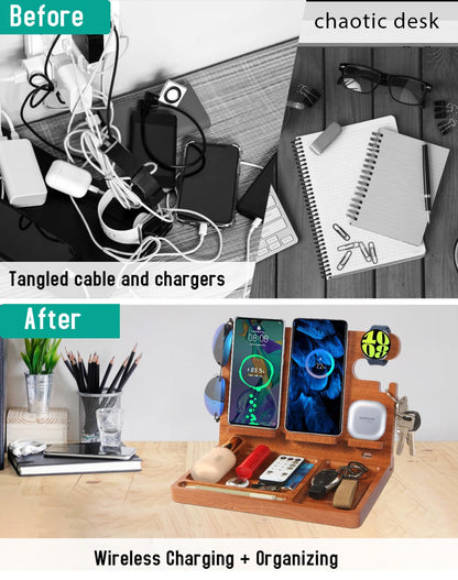 Desk Organizer with 4 Wireless Charging Station for Samsung Devices,27W Dual Wireless Charger Fast Charging for 2 Phones,Galaxy Watch 7/6/5/4/3/2,TWS Box,Wood Phone Docking Station,Gifts for Men Dad
