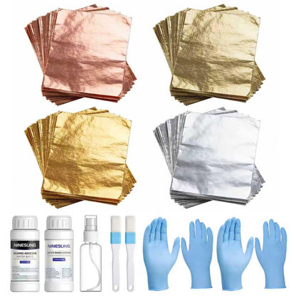Ninesung Gold Leaf Gilding Adhesive Set, 100ml Water Based Glue and 100ml Varnish, 4 Colors Gold Leaf Sheets 100 pcs, 2 Brushes, Spray Bottle, Gold Leaf Kit for Craft, Painting and Arts