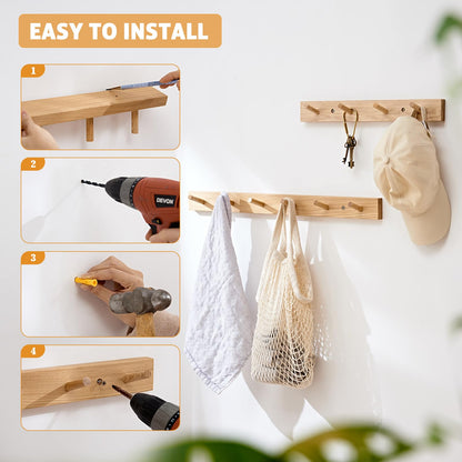 Wall Mounted Coat Rack 12 inches, Hickory Wood Wall Coat Hooks with 3 Hooks, Wooden Coat Hanger for Hanging Clothes Robes Towels Hats, Natural