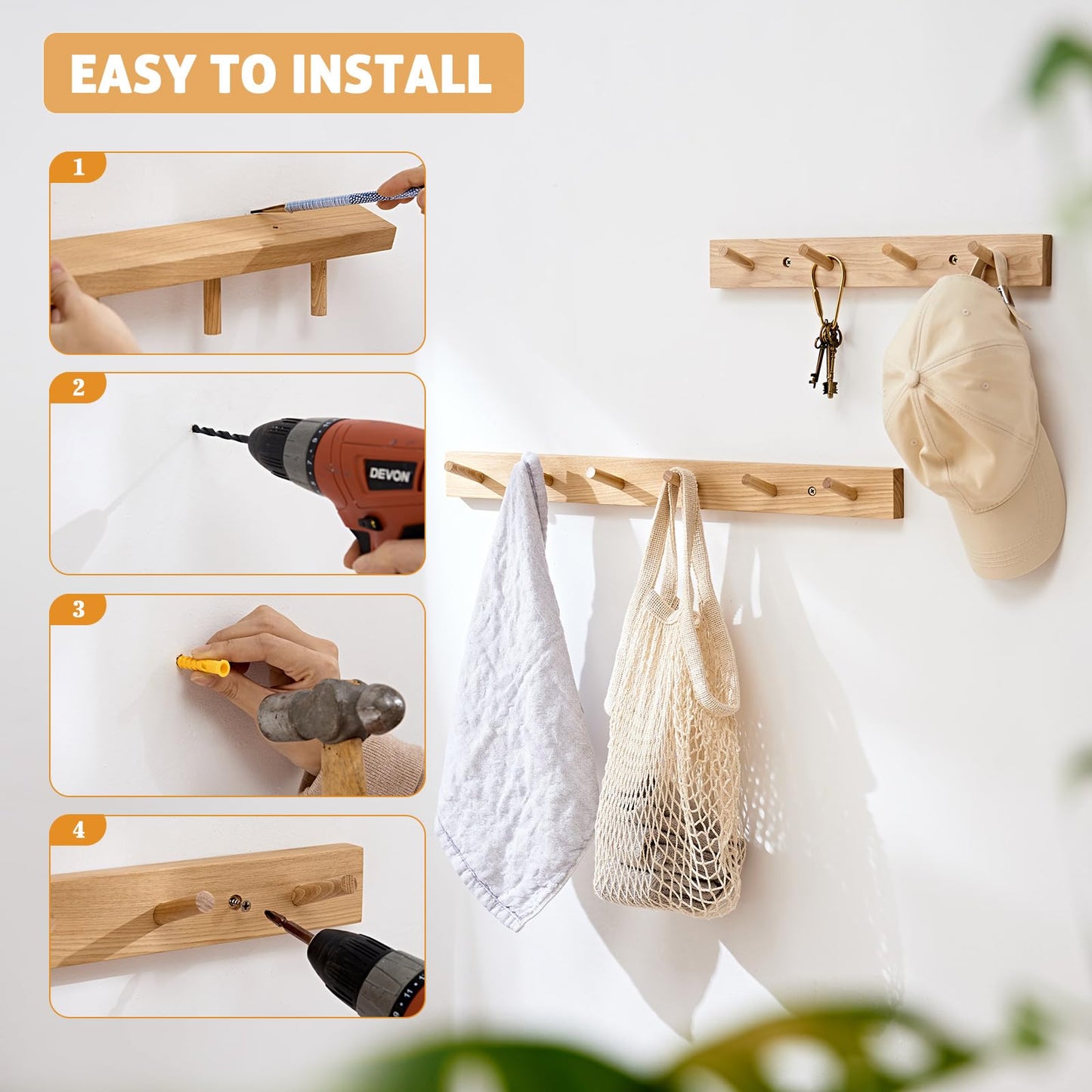 Wall Mounted Coat Rack 16 inches, Hickory Wood Wall Coat Hooks with 4 Hooks, Wooden Coat Hanger for Hanging Clothes Robes Towels Hats, Natural
