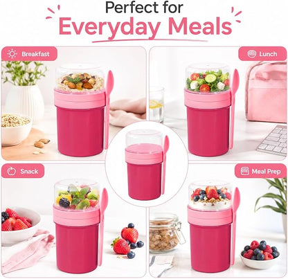 27oz Reusable Yogurt Parfait & Overnight Oats Cups – 100% Leakproof with Lid & Spoon for Meal Prep, Breakfast, Office & Gym (Pink)