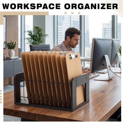 Yookeer 1 Pcs Vertical Clipboard Holder, Desk File Organizer Storage Rack, 12 Slot Wooden and Metal Clipboard Organizer, Storage Stand Rack for Home, Office, No Assembly Required (Black)