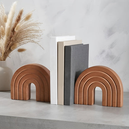 JADENIO 2Pcs Boho Decor Book Ends, Minimalist Wooden Arch Bookends for Shelves - Modern Farmhouse Decor for Living Room, Bedroom, Office & Dining Table