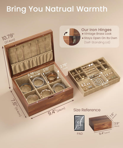 Danfoxer Acacia Wood Jewelry Box Organizers, Wooden Jewellery Organizer with Hinged Lids and Removable Jewelry Tray for Necklace Earring Rings and Bracelet