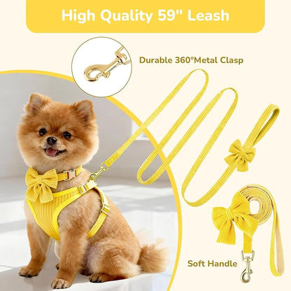 Small Dog Collar Harness and Leash Set, Dog Harness no Pull with Bowtie, Breathable Cotton Adjustable Pet Puppy Harness, Easy Walk Dog Harness, M(16-21")