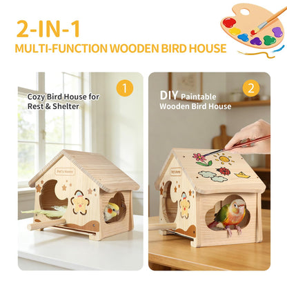 Wooden Bird House with Removable Wood Tray & Stainless Steel Mesh Bottom, DIY Paintable Birdhouse for Lovebirds Budgies Cockatiels Conures, Cozy Bird Nest Indoor Outdoor Use (Wood Tray + Steel Mesh)