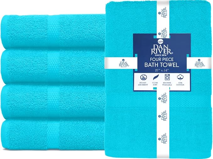 DAN RIVER Bath Towels Set of 4, 27 x 54 Inches, 100% Cotton, Larger & Lighter