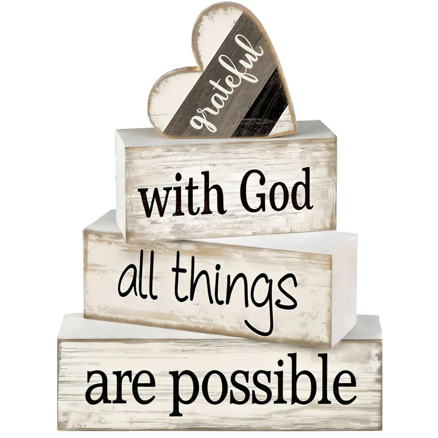 4 Pcs Christian Farmhouse Table Decor, Religious Wooden Farmhouse Tiered Tray Decorations with Heart Grateful Sign, With God All Things Are Possible Home Decor for Kitchen, Office, Mantel, Coffee Bar