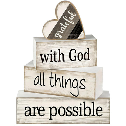 4 Pcs Christian Farmhouse Table Decor, Religious Wooden Farmhouse Tiered Tray Decorations with Heart Grateful Sign, With God All Things Are Possible Home Decor for Kitchen, Office, Mantel, Coffee Bar