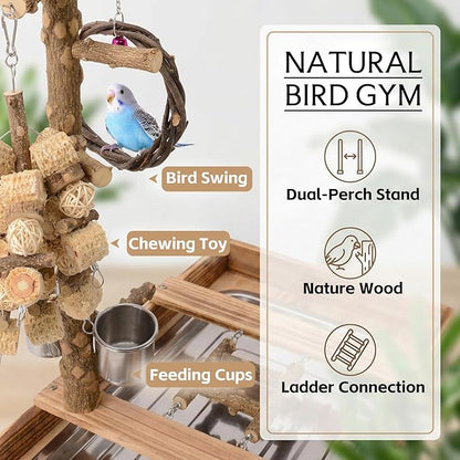 Natural Wood Bird Perch Stand, Multi-Layer Parrot Playground Gym with Feeding Cups and Toys, Real Branch Activity Center for Cockatiels, Parakeets, Conures, Budgies, Tabletop and Cage Top Use