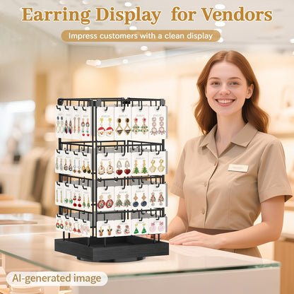 MODOWEY 360 Rotating Earring Cards Organizer Holder Stands for Selling Vendors, 64 Hooks Jewelry Display Tree, Large Capacity Storage Wood Rack Tower Women Dresser Stud Pierced, Brown