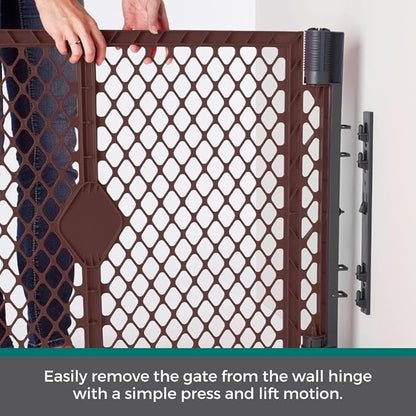 MyPet Extra Wide Dog Gate with Small Pet Door. 38.5” to 103.5" Wide. Cat Gate for Doorway. Made in USA. 26" Tall, Brown
