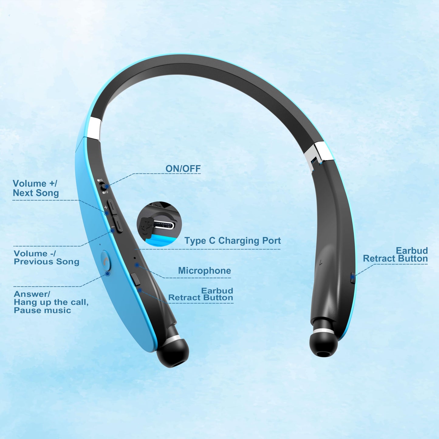 Dpvisn Bluetooth Neckband Headphones, Foldable Wireless Lightweight Neck Headset with Retractable Earbuds, Noise Cancelling Sweatproof Stereo Earphones with Mic & Carrying Case