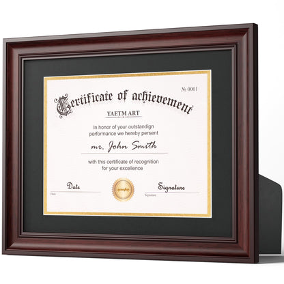 Yaetm 11x14 Diploma Frame, Certificate Frame with Tempered Glass, Display 8.5x11 Document with Black Over Gold Acid-free Mat or 11 x 14 without Mat, Wide Molding (Single, Mahogany)
